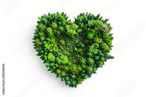 Heart-shaped forest embodying environmental sustainability, symbolizing Earth's eco-friendly greenery, isolated on a white background