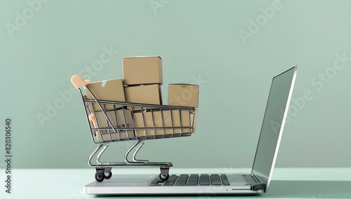 Shopping Cart with Boxes on Laptop for Online Shop Concept
