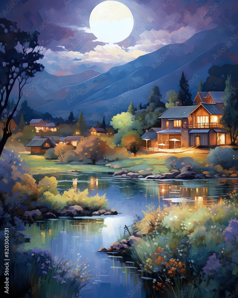 Landscape with mountains, river and house. Digital painting. Illustration.