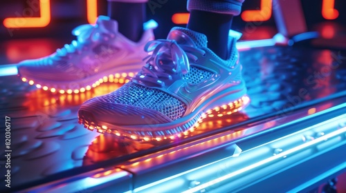 smart running shoes with embedded LEDs and sensors, on a tech-infused treadmill, ambient neon lighting realistic photo