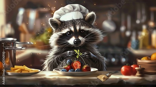 Cute Raccoon Chef Serving Food . Generative Ai