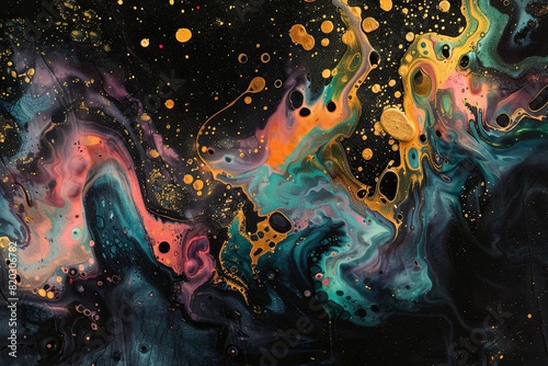 A vibrant abstract organic form that blends fluid, realistic, and fantastical elements. Painting on Dark Background with Gold Brush Strokes © Pixel Alchemy