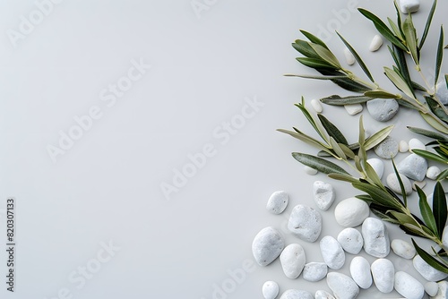 Olive Branch and White Stones on Light Grey Background