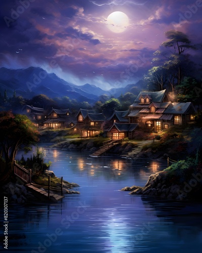 Beautiful night landscape with old wooden houses on the bank of the river
