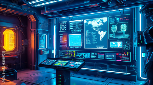 Control Room of the Future, High-Tech Surveillance Hub with Advanced Global Monitoring Systems