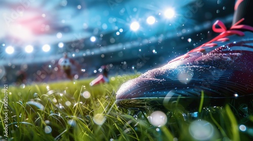 soccer cleats on grass, capturing the spikes and turf, vibrant color, outdoor stadium lighting realistic photo