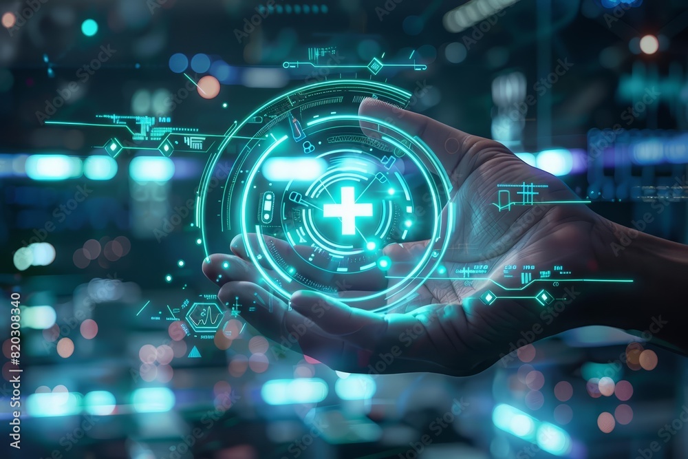 A futuristic depiction of a hand holding a neonlit gear with a glowing medical cross in the center A futuristic depiction of a hand holding a neonlit gear with a glowing medical cross in the center