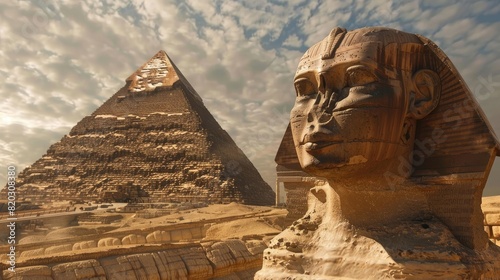Sphinx with the Great Pyramid in the background  late afternoon  natural earth tones realistic