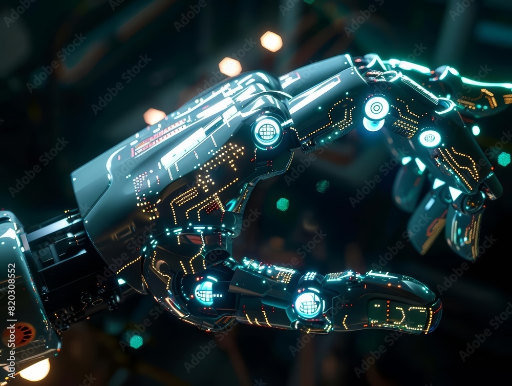 A highly detailed robotic hand with glowing circuits and joints A highly detailed robotic hand with glowing circuits and joints