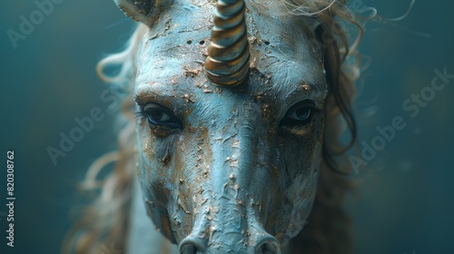 Wearing a unicorn mask against a turquoise backdrop