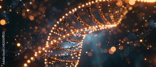 A top view of a DNA double helix with glowing segments and particles arranged in a circular pattern photo