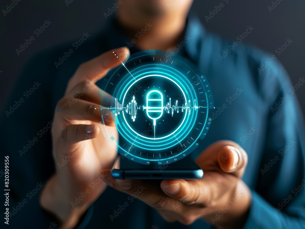 A top view of hands holding a smartphone with a glowing microphone icon and sound waves arranged in a circular pattern A top view of hands holding a smartphone with a glowing microphone icon and sound waves arranged in a circular pattern