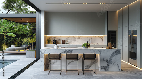  Modern kitchen with marble countertop, white and grey color scheme, open space concept to the garden, natural light illuminates modern appliances