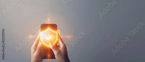 A top view of hands holding a smartphone and tapping on a glowing fivestar rating photo