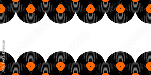 Repeating vinyl discs seamless pattern. Gramophone LP or long play music plates banner with empty space. 70s 80s 90s discotheque nostalgia background. Techno party concept. Vector flat illustration.