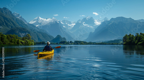 nature relaxation, a pair kayaking on a serene lake, framed by scenic mountains under blue skies, with only oars softly paddling and distant birdsong for company photo