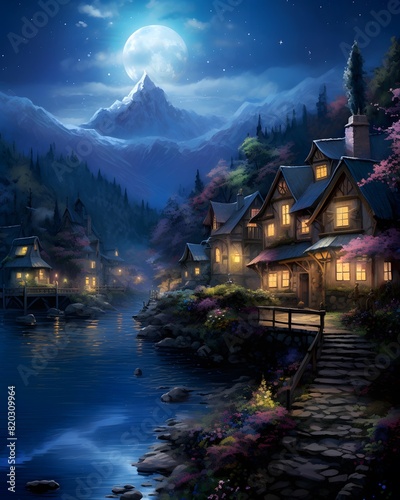 Mountain village in the moonlight. Digital painting. Illustration.