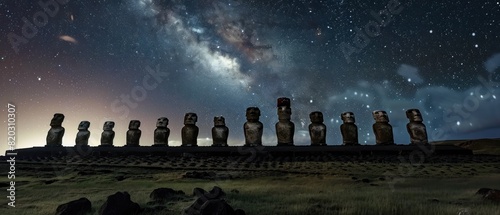 Moai statues in Rano Raraku Volcano, Easter Island, Chile. Moai statues in the mountains.