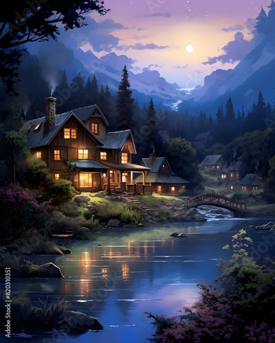Digital painting of a wooden house in the middle of a mountain river. © Iman