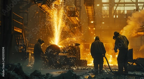 Worker in steel factory. Forge workers in action amidst fiery sparks
