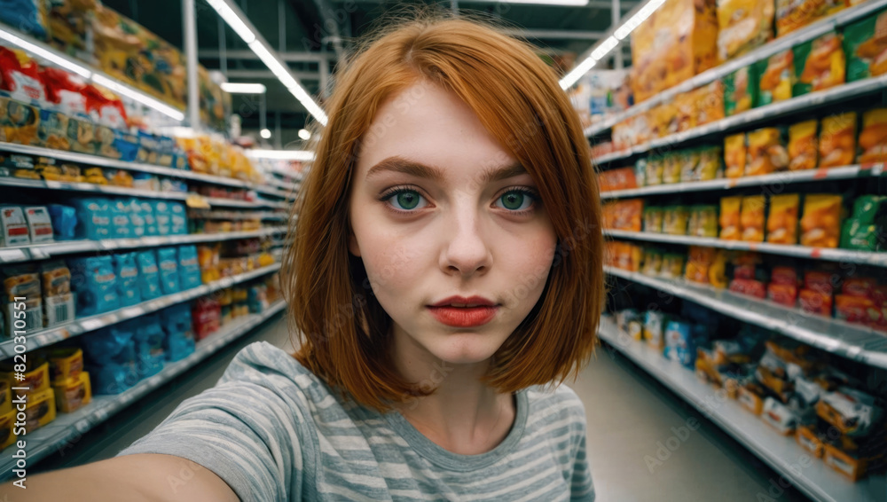 young smiling 20 year old woman with red hair taking a selfie among the shelves of a supermarket as a background young smiling 20 year old woman with red hair taking a selfie among the shelves of a supermarket as a background