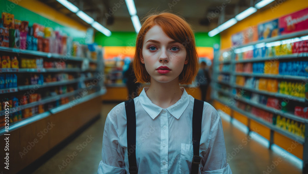 young smiling 20 year old woman with red hair taking a selfie among the shelves of a supermarket as a background young smiling 20 year old woman with red hair taking a selfie among the shelves of a supermarket as a background