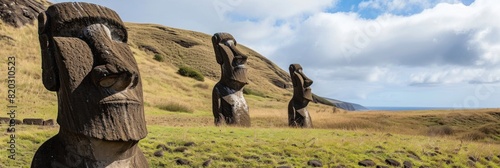 Moai statues in Rano Raraku Volcano  Easter Island  Chile. Moai statues in the mountains.