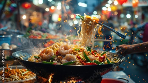street food vendor preparing stir-fried noodles in a wok  with vibrant vegetables and shrimp  flames visible  busy night market background realistic