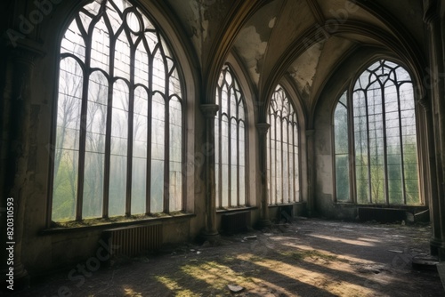 Old abandoned castle with natural light in old style large glass windows