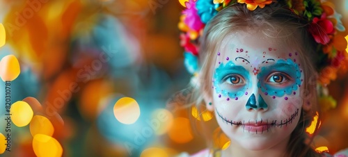 Girl with festive sugar skull face paint on bokeh background. Child with artistic Dia de los Muertos makeup. Concept of Mexican culture  Halloween celebration  and vibrant tradition. Space for text