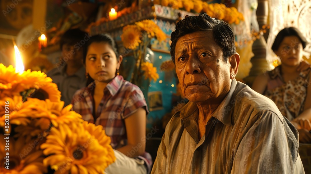 Elder Hispanic man at a traditional cultural event. Older Latino male at an ethnic gathering. Family celebrating Day of the Dead. Concept of cultural heritage, community, tradition, ethnicity Elder Hispanic man at a traditional cultural event. Older Latino male at an ethnic gathering. Family celebrating Day of the Dead. Concept of cultural heritage, community, tradition, ethnicity