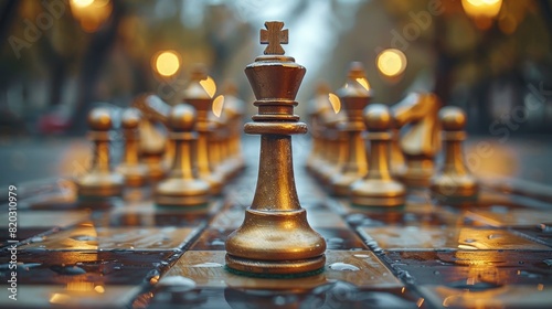 On the board  the gold queen leads the game of chess. Business concept