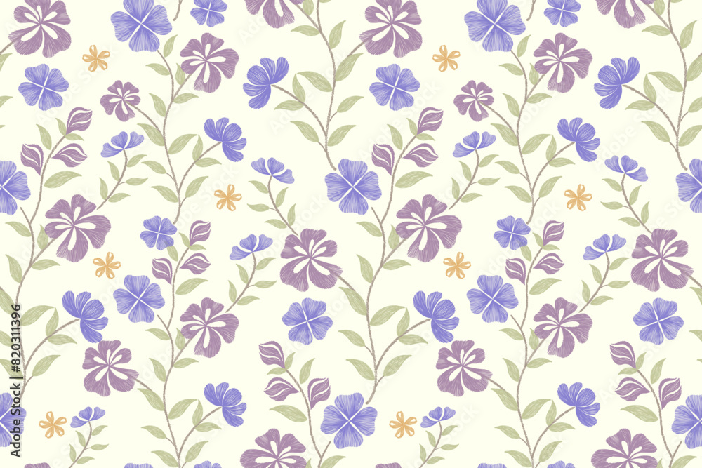 Blue floral wallpaper pattern seamless embroidery textured Ikat minimal vintage ethnic blue flowers design hand drawn vector illustration. Blue floral wallpaper pattern seamless embroidery textured Ikat minimal vintage ethnic blue flowers design hand drawn vector illustration.