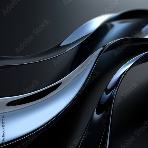 A close-up of the curved edges and glossy surface, with black and blue tones and shadows on a plain black background. Abstract background.