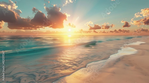 Sun rising over a white sand beach with no people and still turquoise water realistic