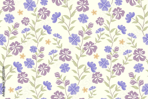 Tapestry floral wallpaper pattern seamless embroidery textured Ikat minimal vintage ethnic blue flowers design hand drawn vector illustration.