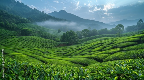 agricultural landscapes, meticulously managed green tea plantations sprawl over rolling hills under a clear blue sky, showcasing the serene beauty of an agricultural landscape