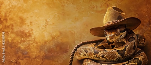 Snake wearing a cowboy hat and boots, coiled around a lasso against a sandy brown background with copy space photo