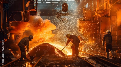 Worker in steel factory. Workers brave intense heat in a fiery foundry