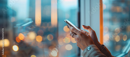 Close up of hands holding a phone and searching on the screen, with a blurred office background and blurred window showing light from outside. In the distance is a blurred business center building