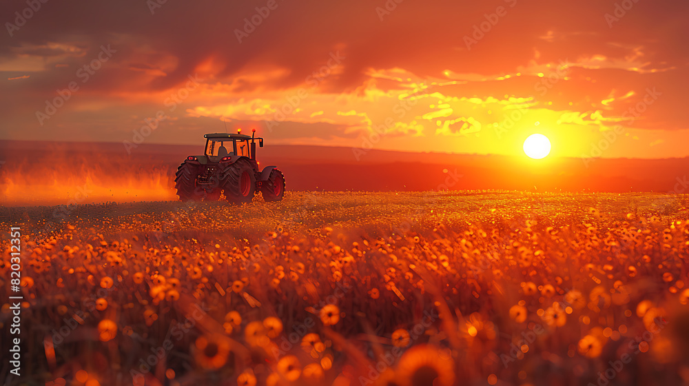 Fototapeta premium Rural Life: Farmer Operating Green Tractor during Autumn Harvest