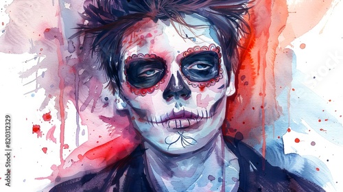Watercolor portrait of a man with face paint. Guy with skull makeup. Concept of Day of the Dead  artistic expression  cultural celebration  Halloween. Watercolor