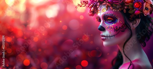Woman with Day of the Dead skull makeup. Lady with Dia de los Muertos face paint. Concept of Mexican culture, holiday celebration, traditional festival, Halloween. Space for text. Wide banner