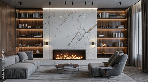 living room modern design marble wall fireplace with wood led light gray furniture. Generative Ai
