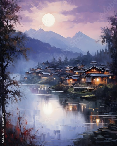 Beautiful panoramic view of the mountain village on the river.