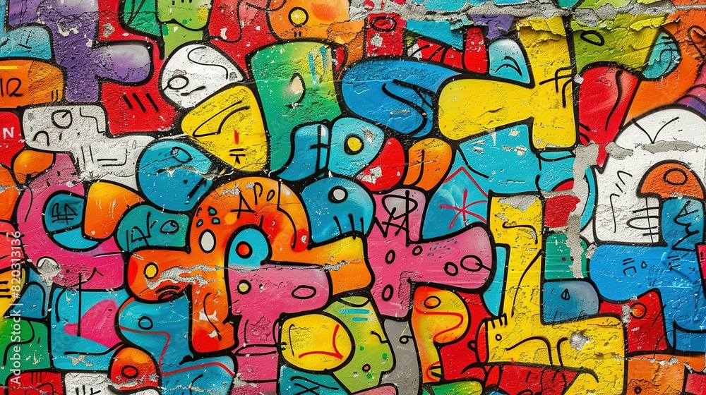 Obraz premium Colorful Graffiti Art on Weathered Concrete: A Seamless Urban Pattern