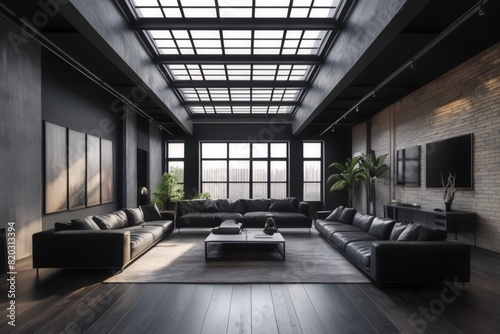 Black loft with large skylight on the roof with natural sun lighting, luxury apartment design © Marco
