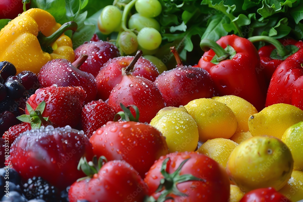 A variety of fresh fruits and vegetables, including strawberries, blueberries, grapes, peppers, and lemons, are arranged together in a colorful and visually appealing display.