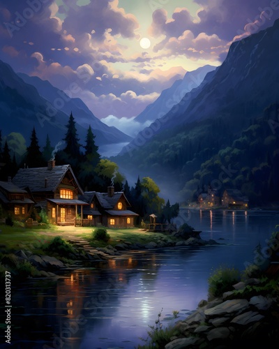Fantastic landscape with lake, mountains and wooden houses at sunset