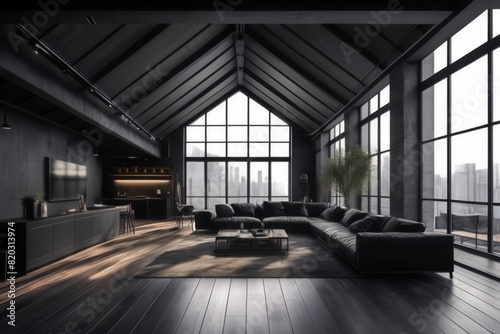 Black loft with large skylight on the roof with natural sun lighting  luxury apartment design